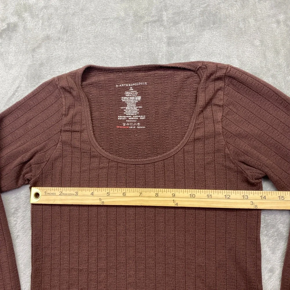 Anthropologie Brown Ribbed Scoop Neck‎ Long Sleeve Top Scalloped Hem Medium
